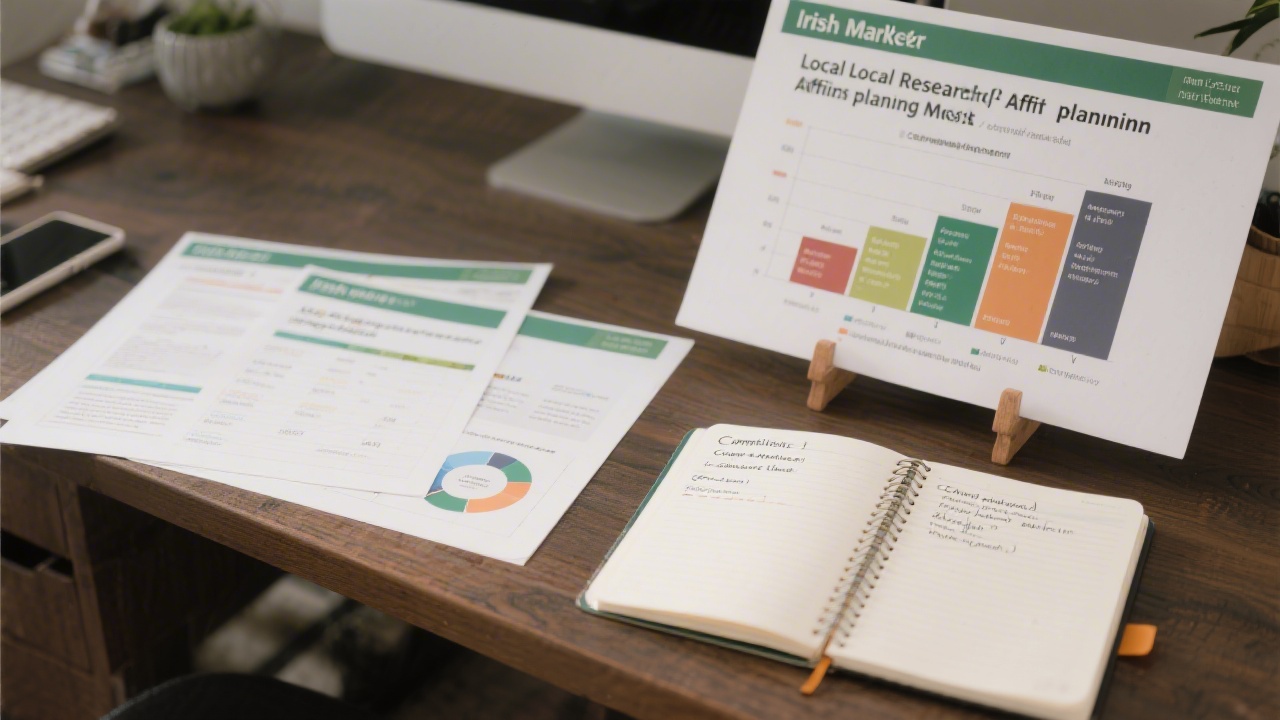 Desk with Irish market reports, a chart of audience segments, and a notebook with compliance notes, indicating careful local research for affiliate planning.