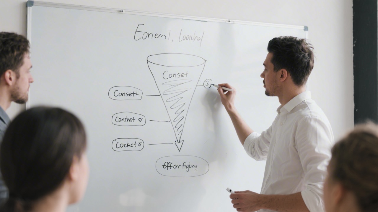Team member sketching a funnel diagram with consent checkpoints and contact actions on a whiteboard, showing structured lead flow planning for ethical affiliate practices.